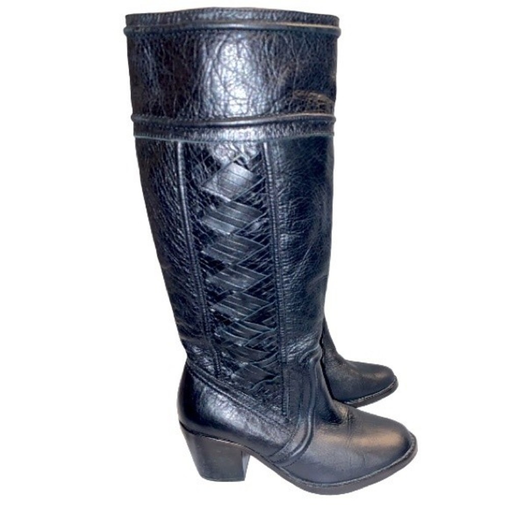 Fossil Boots Felicia Leather Riding boot Black Woven Detail Block Heel size 6.5